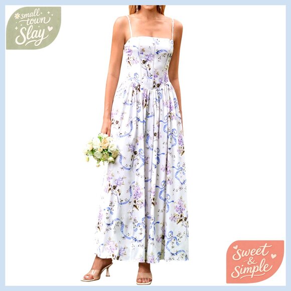 Floral Corset Maxi Dress with Pockets Lace Up Back Adjustable Straps